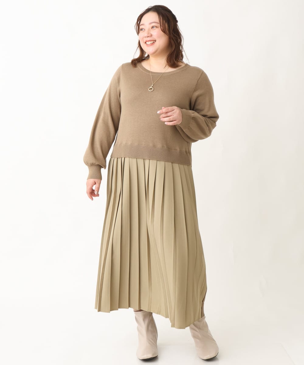 OLECV13129 eur3(エウルキューブ) 【大きいサイズ】前後2WAYニットコンビプリーツワンピース カーキ(36)