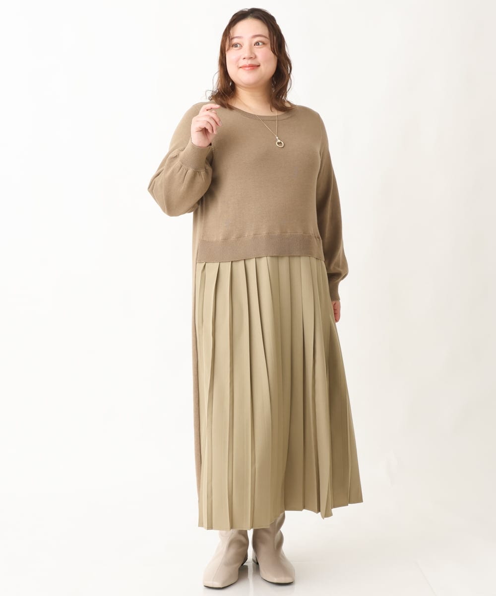 OLECV13129 eur3(エウルキューブ) 【大きいサイズ】前後2WAYニットコンビプリーツワンピース カーキ(36)