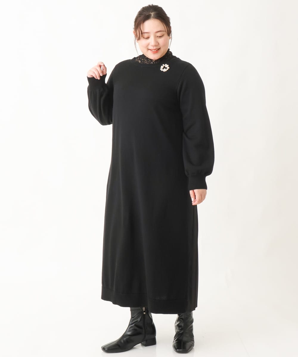 OLECV13129 eur3(エウルキューブ) 【大きいサイズ】前後2WAYニットコンビプリーツワンピース ブラック(94)