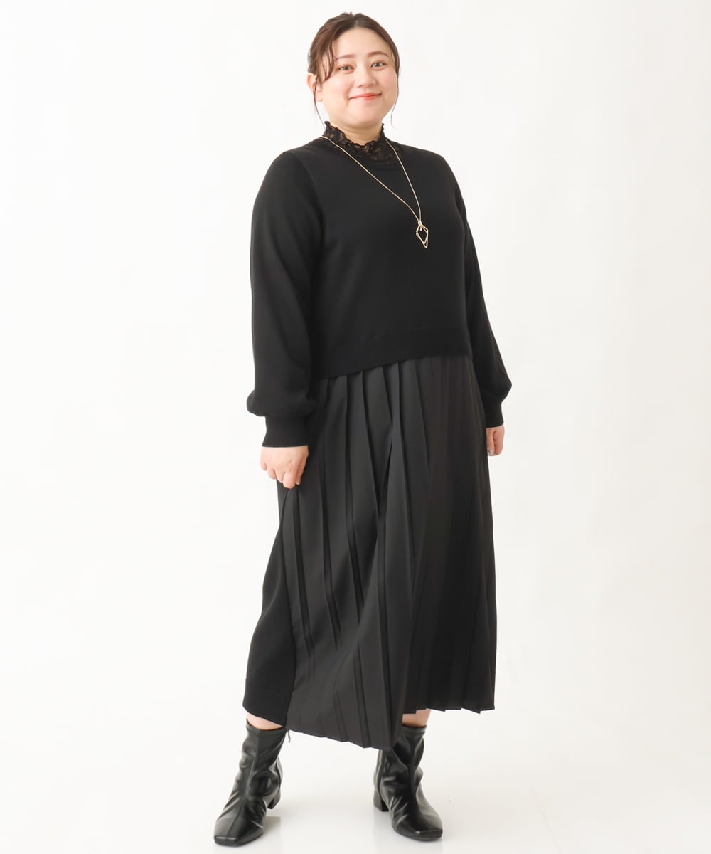 OLECV13129 eur3(エウルキューブ) 【大きいサイズ】前後2WAYニットコンビプリーツワンピース ブラック(94)