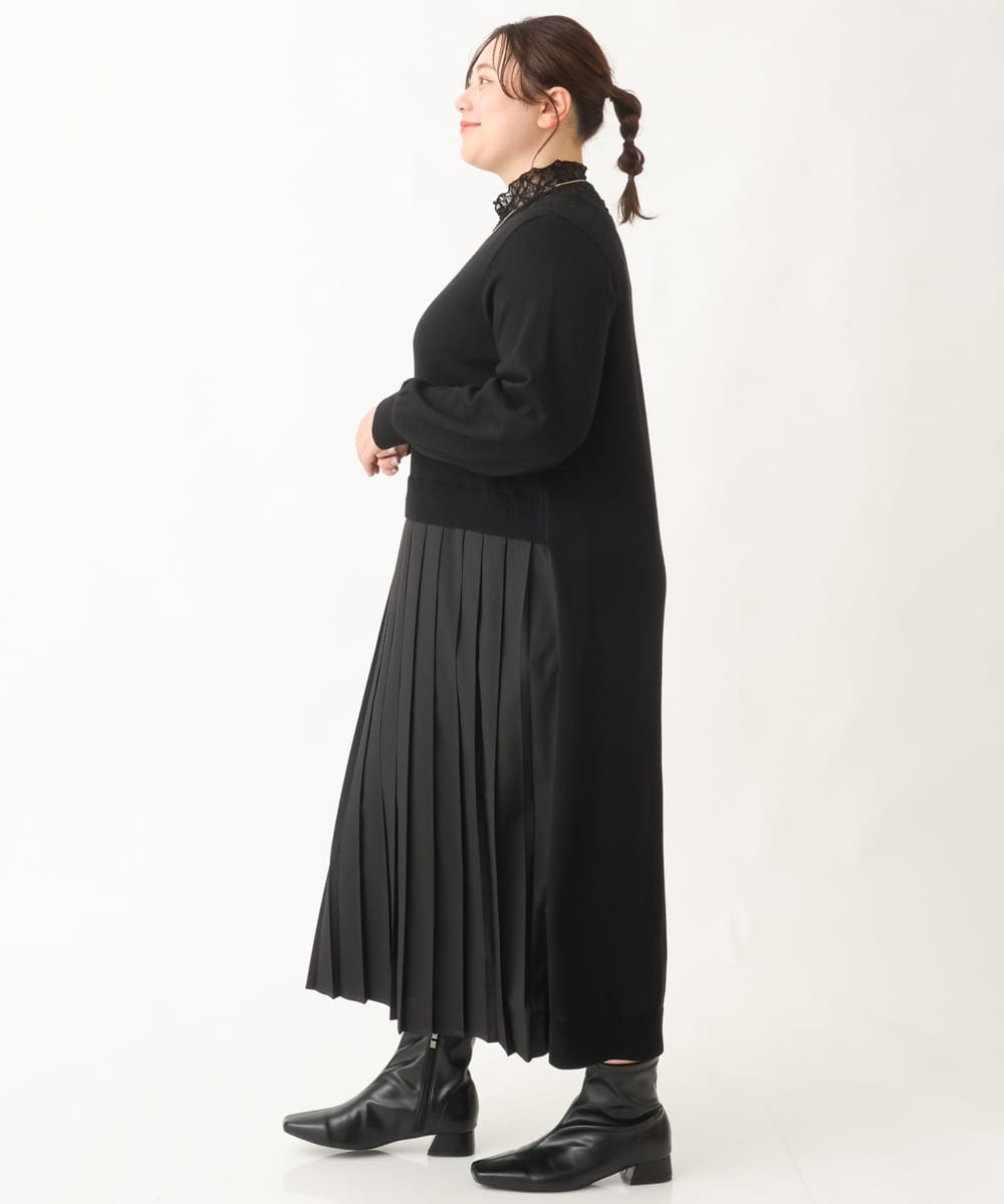 OLECV13129 eur3(エウルキューブ) 【大きいサイズ】前後2WAYニットコンビプリーツワンピース ブラック(94)