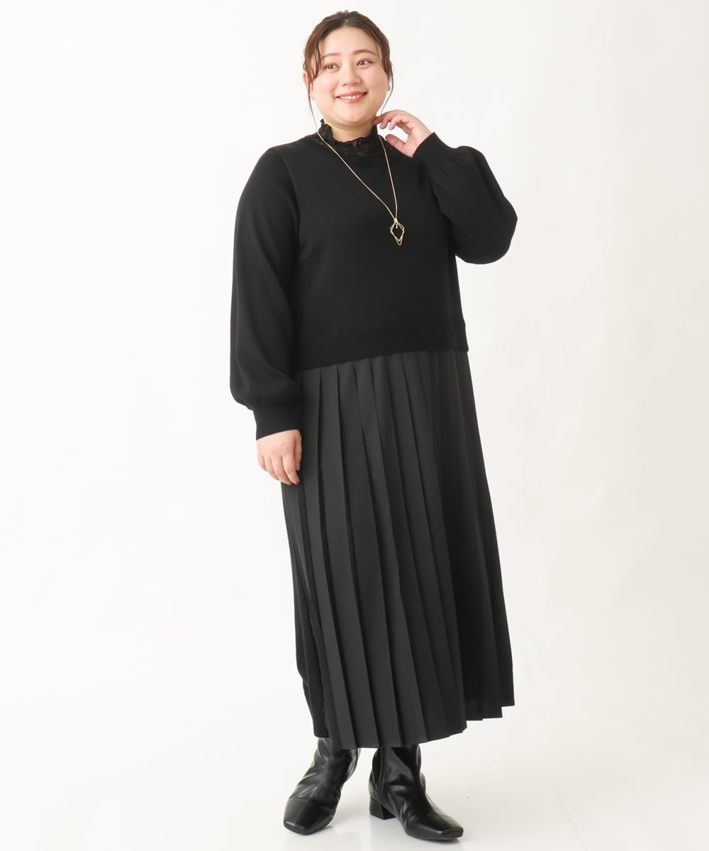 OLECV13129 eur3(エウルキューブ) 【大きいサイズ】前後2WAYニットコンビプリーツワンピース ブラック(94)