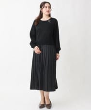 OLECV13129 eur3(エウルキューブ) 【大きいサイズ】前後2WAYニットコンビプリーツワンピース ブラック(94)