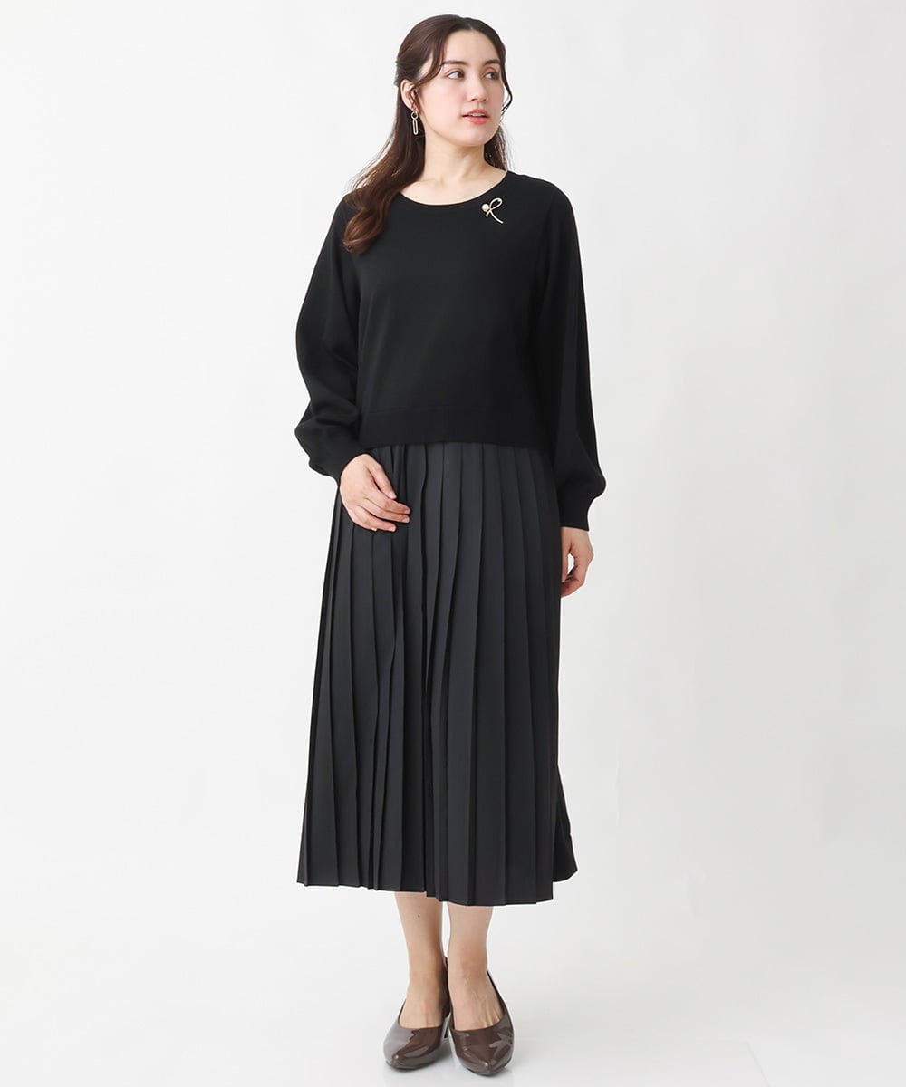 OLECV13129 eur3(エウルキューブ) 【大きいサイズ】前後2WAYニットコンビプリーツワンピース ブラック(94)