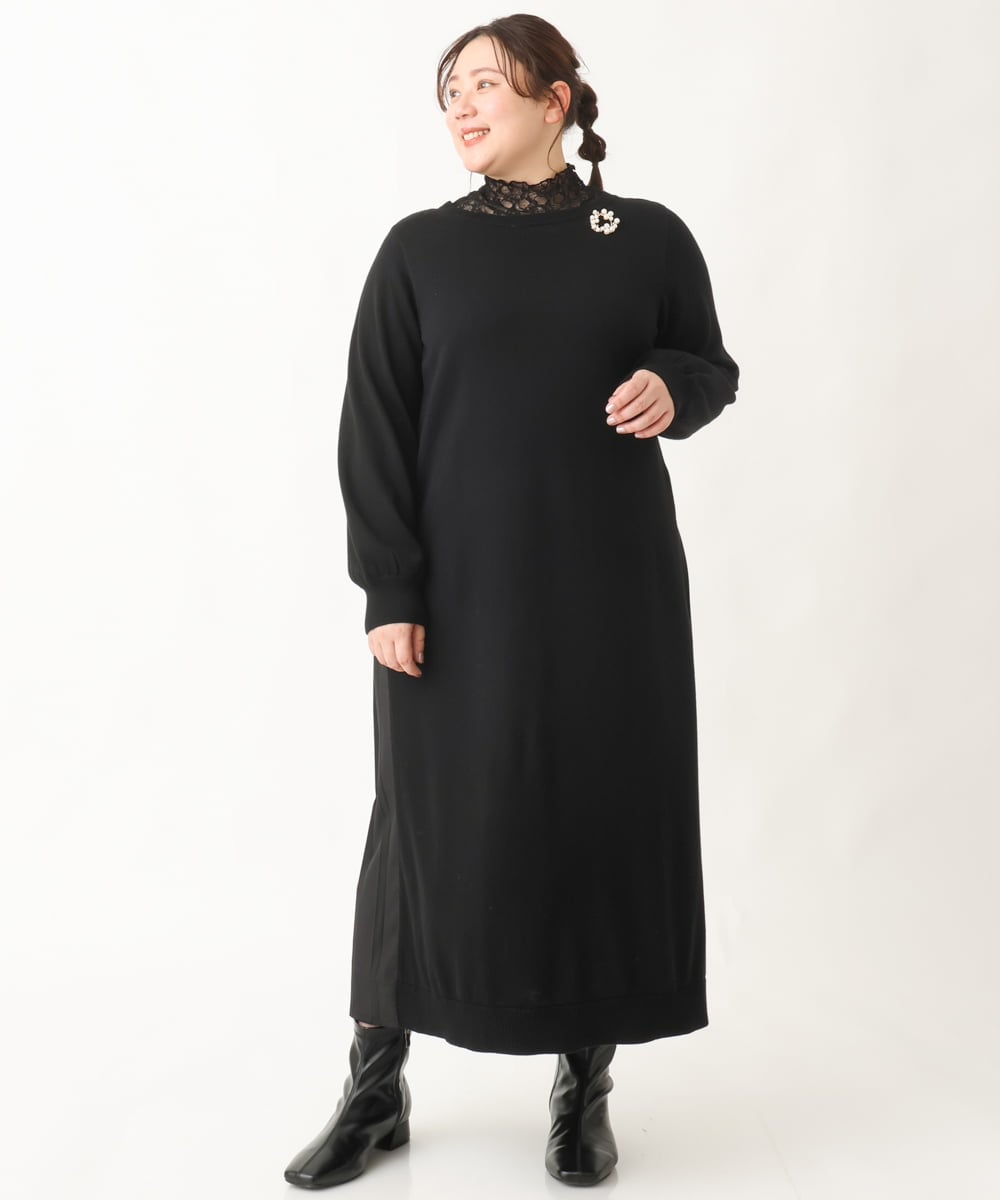OLECV13129 eur3(エウルキューブ) 【大きいサイズ】前後2WAYニットコンビプリーツワンピース ブラック(94)