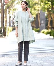 OLEDA11109 eur3(エウルキューブ) 【大きいサイズ】ストライプシャツチュニック　 ライトグリーン(30)