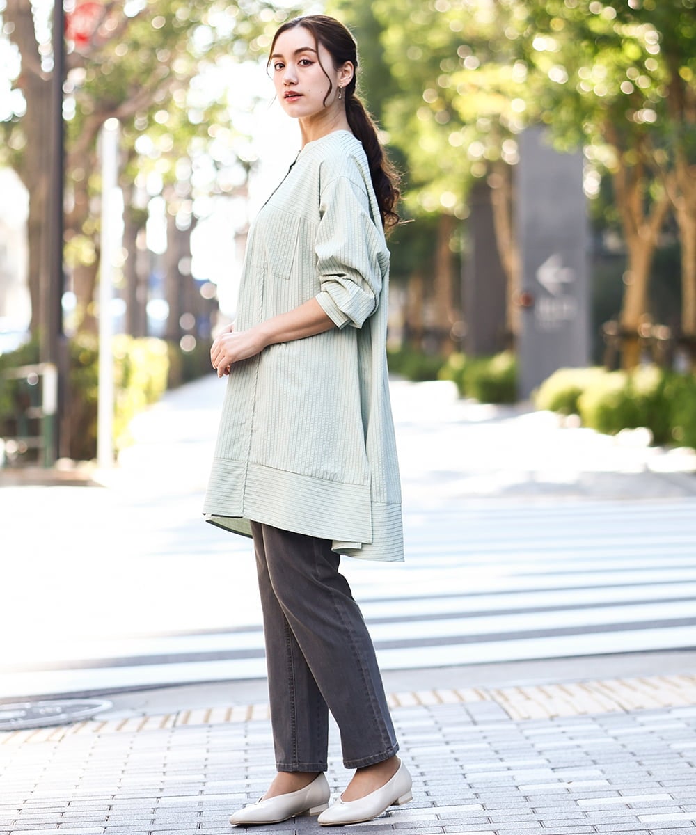 OLEDA11109 eur3(エウルキューブ) 【大きいサイズ】ストライプシャツチュニック　 ライトグリーン(30)