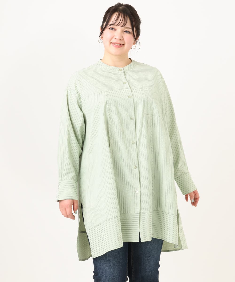 OLEDA11109 eur3(エウルキューブ) 【大きいサイズ】ストライプシャツチュニック　 ライトグリーン(30)