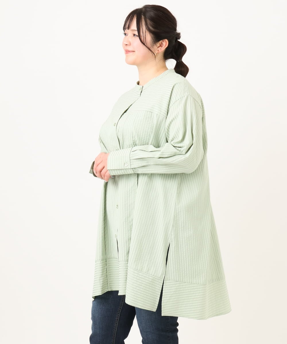OLEDA11109 eur3(エウルキューブ) 【大きいサイズ】ストライプシャツチュニック　 ライトグリーン(30)