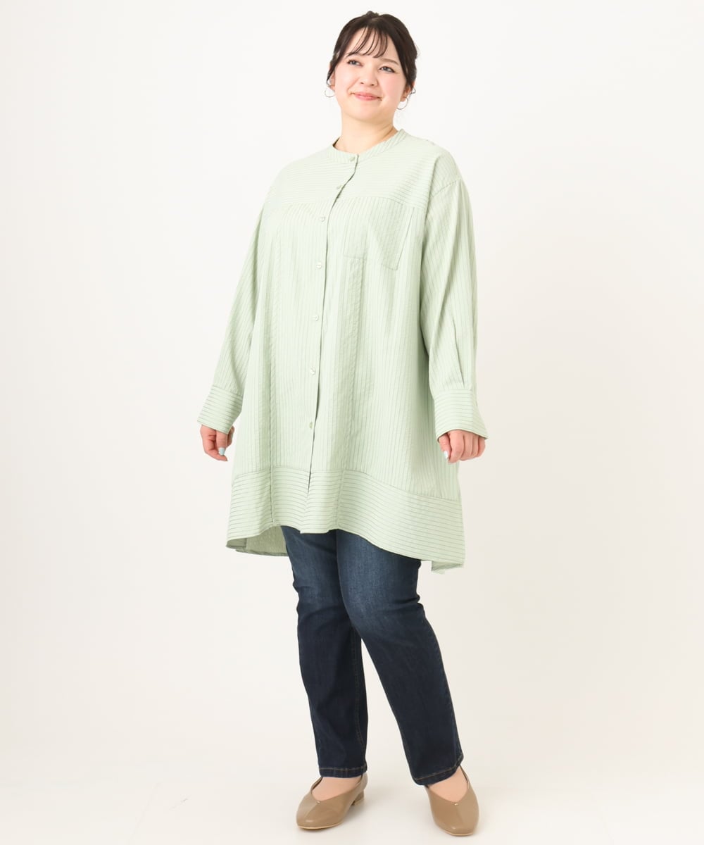 OLEDA11109 eur3(エウルキューブ) 【大きいサイズ】ストライプシャツチュニック　 ライトグリーン(30)
