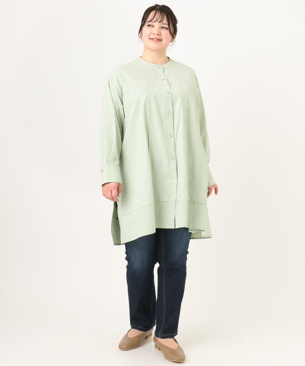 OLEDA11109 eur3(エウルキューブ) 【大きいサイズ】ストライプシャツチュニック　 ライトグリーン(30)