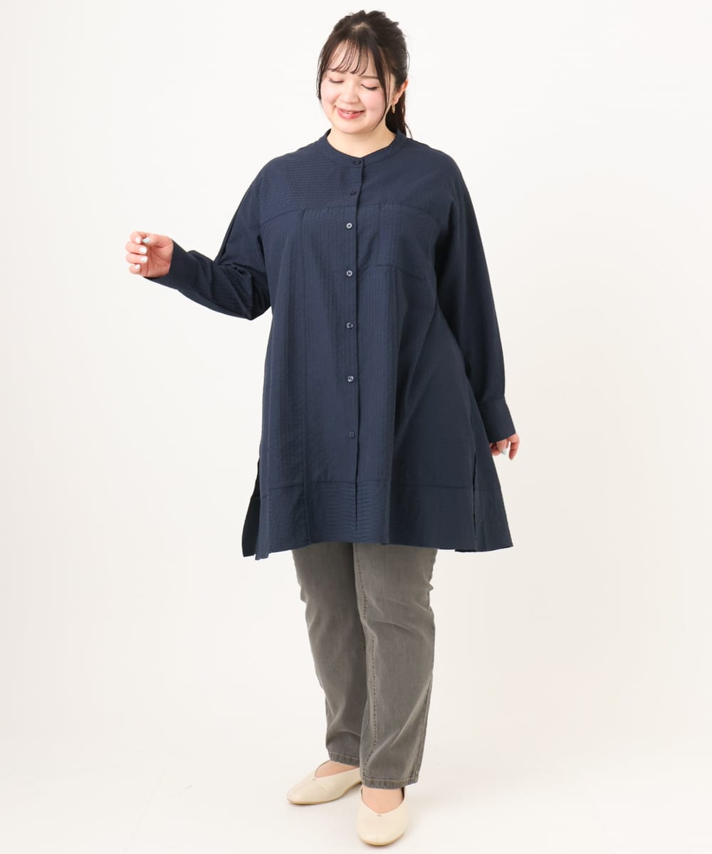 OLEDA11109 eur3(エウルキューブ) 【大きいサイズ】ストライプシャツチュニック　 ネイビー(57)