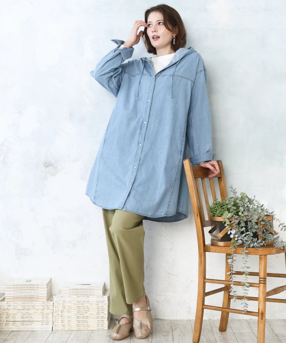 OLEDD10129 eur3(エウルキューブ) 【WEB先行販売】【大きいサイズ】デニムフーディ―シャツチュニック ライトブルー(50)