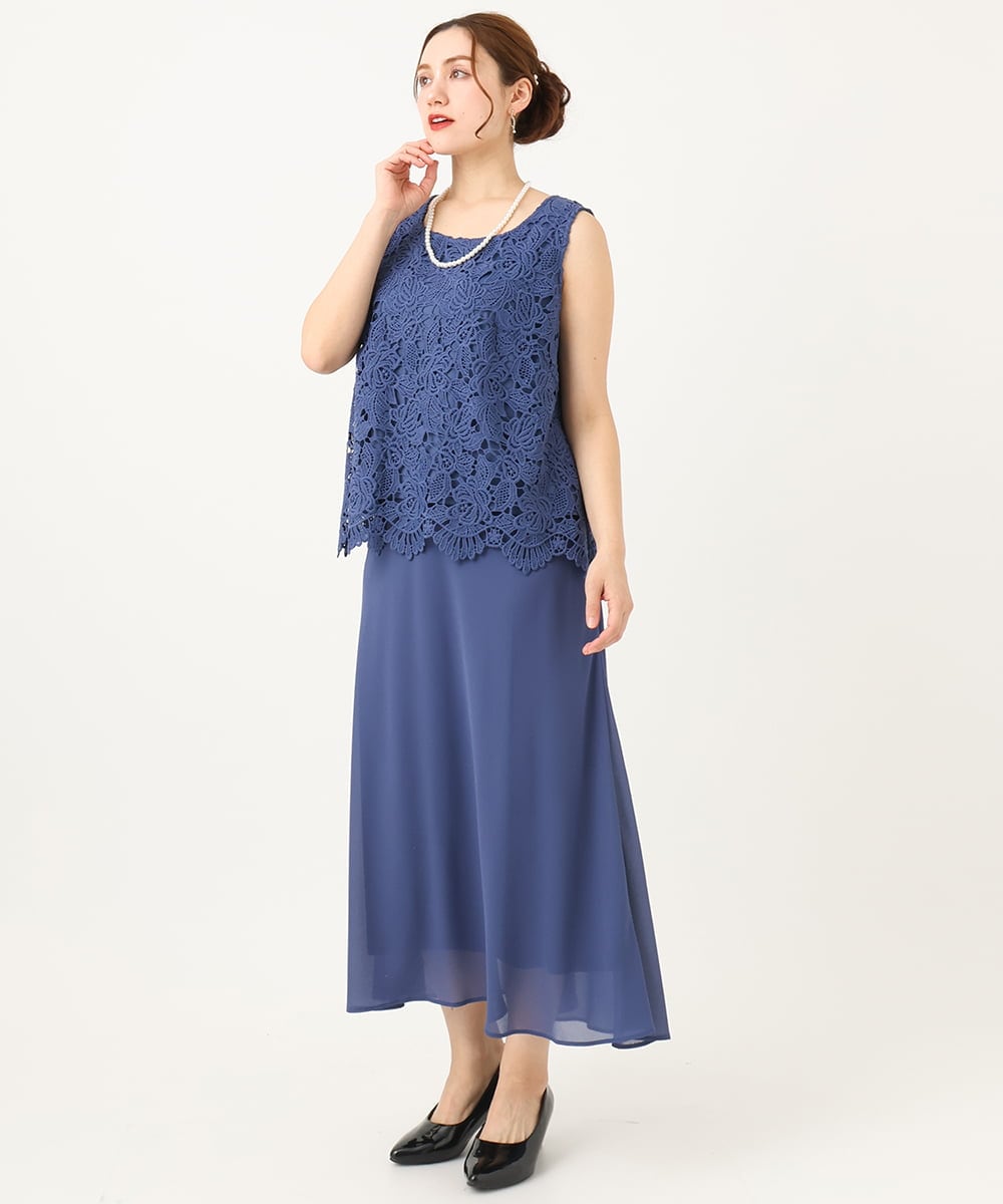OLEEA13189 eur3(エウルキューブ) 【大きいサイズ】レースブラウス×ジョーゼットスカートセットアップ ブルー(55)