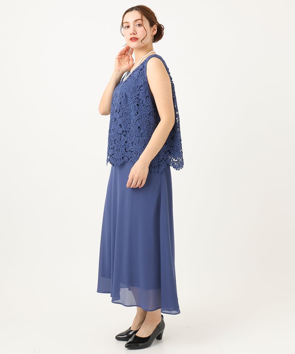 OLEEA13189 eur3(エウルキューブ) 【大きいサイズ】レースブラウス×ジョーゼットスカートセットアップ ブルー(55)