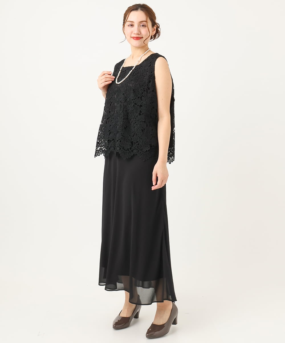 OLEEA13189 eur3(エウルキューブ) 【大きいサイズ】レースブラウス×ジョーゼットスカートセットアップ ブラック(94)