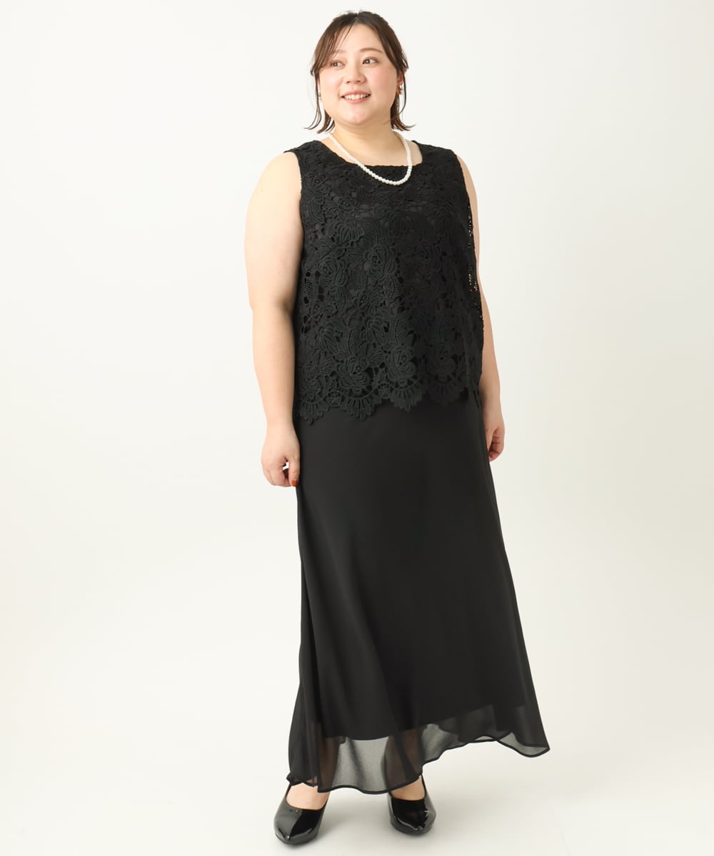 OLEEA13189 eur3(エウルキューブ) 【大きいサイズ】レースブラウス×ジョーゼットスカートセットアップ ブラック(94)