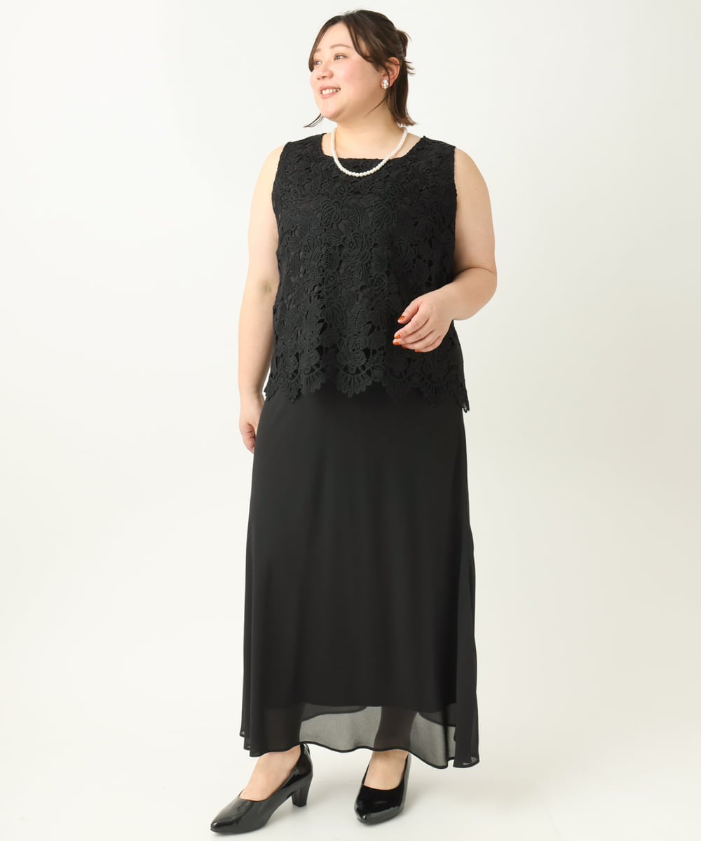 OLEEA13189 eur3(エウルキューブ) 【大きいサイズ】レースブラウス×ジョーゼットスカートセットアップ ブラック(94)