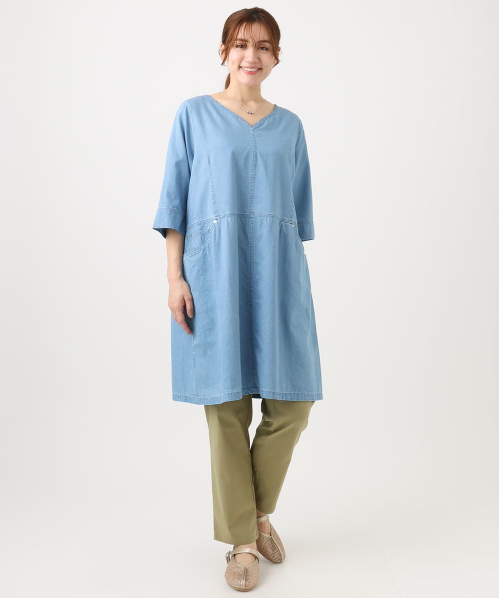 OLEED12099 eur3(エウルキューブ) 【大きいサイズ】Vネックデニムチュニック ライトブルー