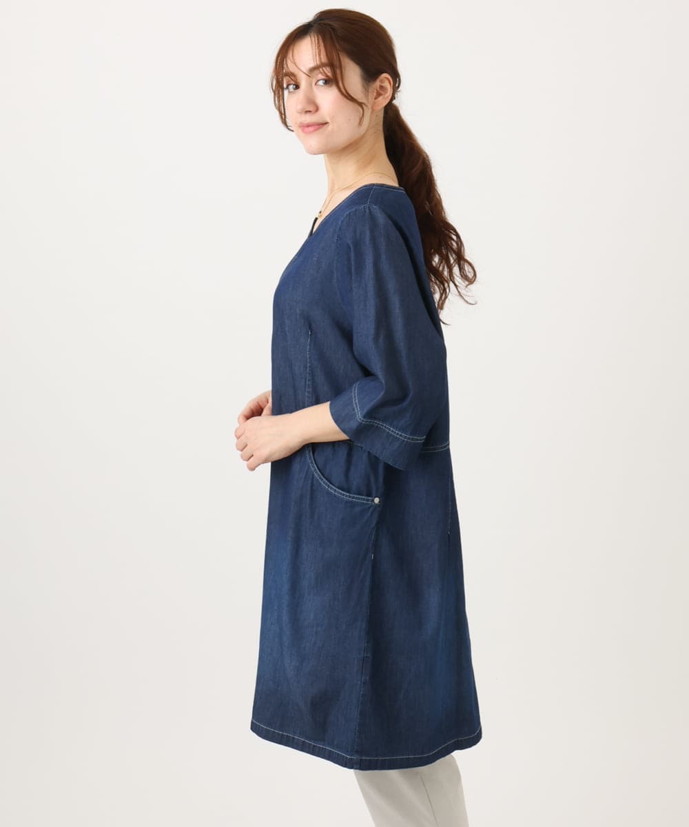 OLEED12099 eur3(エウルキューブ) 【大きいサイズ】Vネックデニムチュニック ネイビー