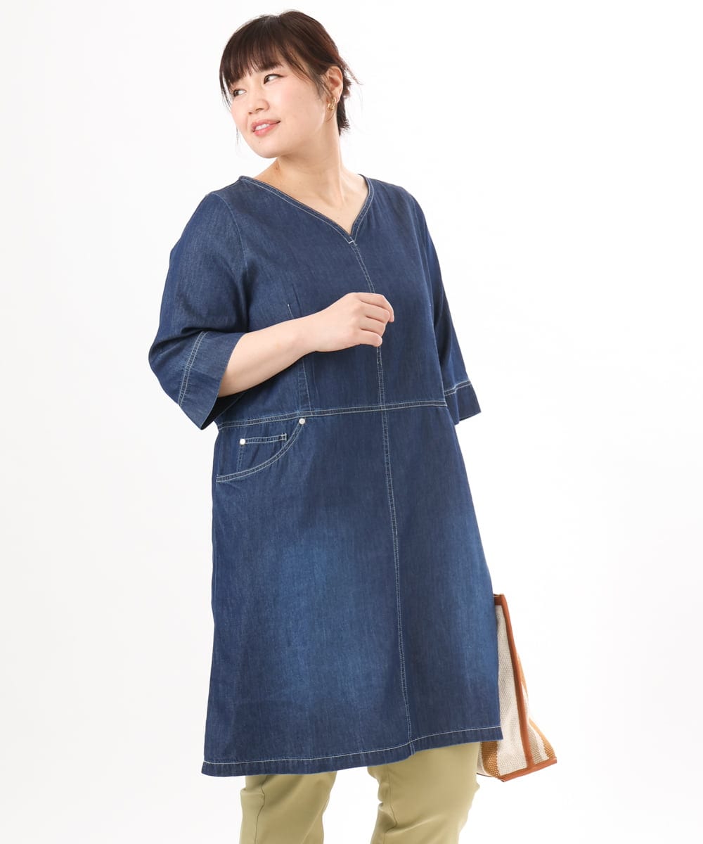 OLEED12099 eur3(エウルキューブ) 【大きいサイズ】Vネックデニムチュニック ネイビー