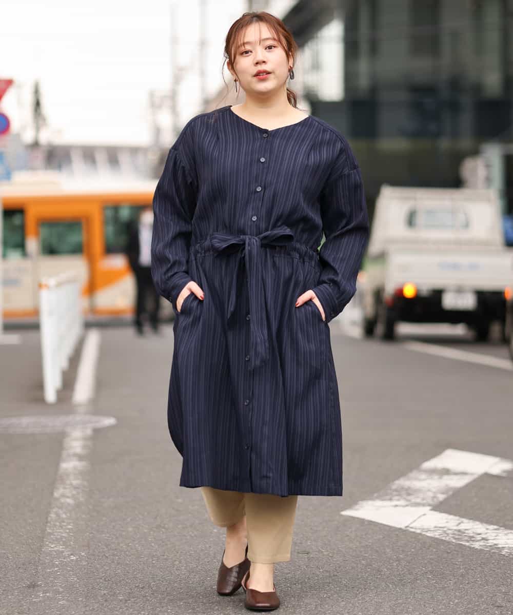 OLEEM15090 eur3(エウルキューブ) 【大きいサイズ】縦見え！ナチュラルフェミニン楊柳ワンピース ネイビー(57)