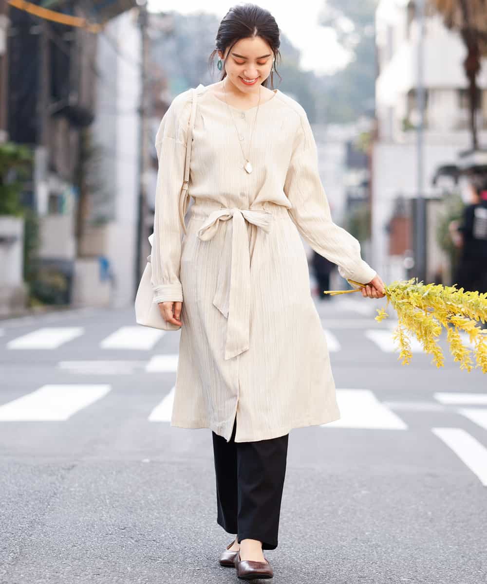 OLEEM15090 eur3(エウルキューブ) 【大きいサイズ】縦見え！ナチュラルフェミニン楊柳ワンピース ベージュ(82)