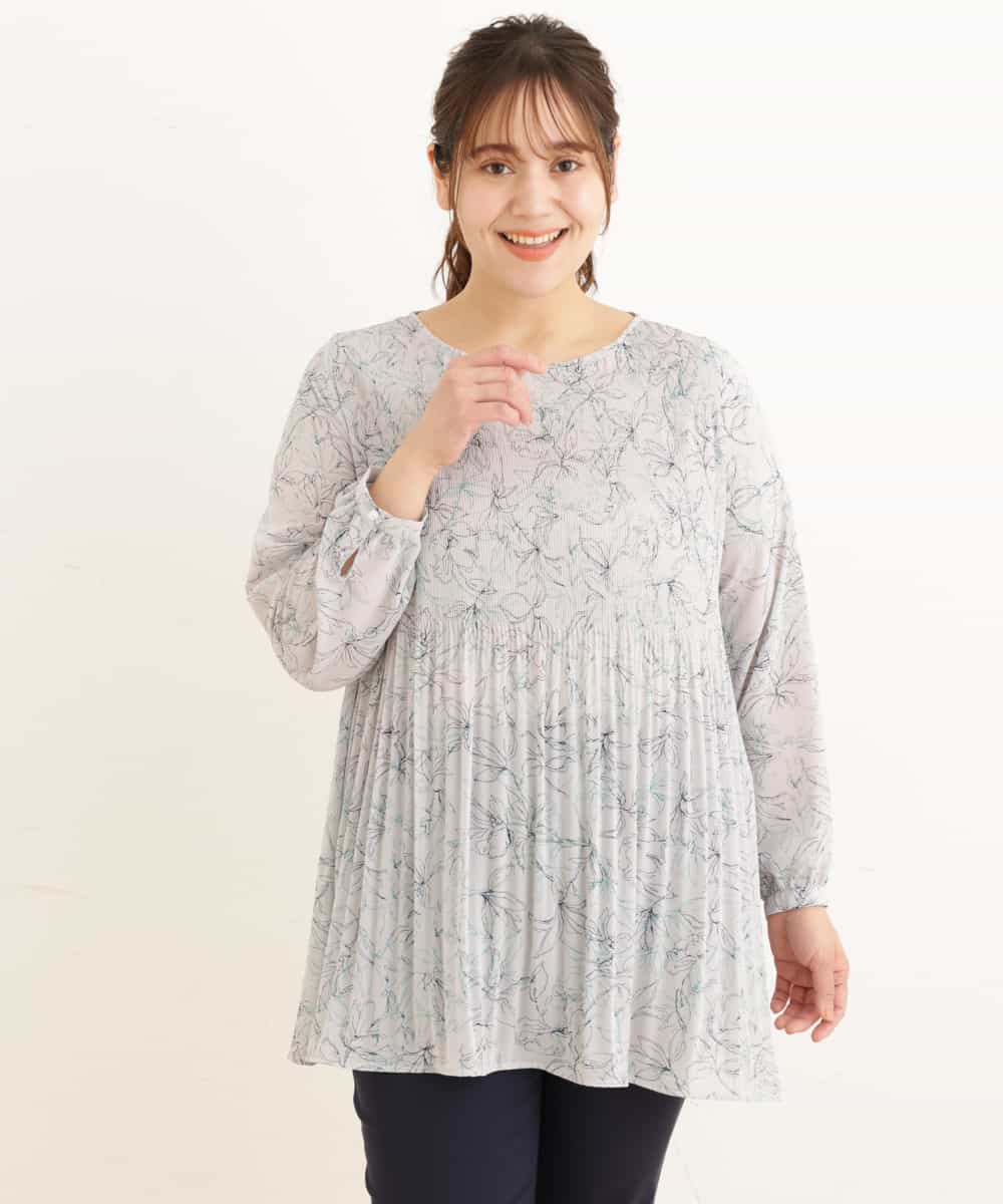 OLEEP16080 eur3(エウルキューブ) 【大きいサイズ】線画フラワープリントチュニック ライトブルー(50)