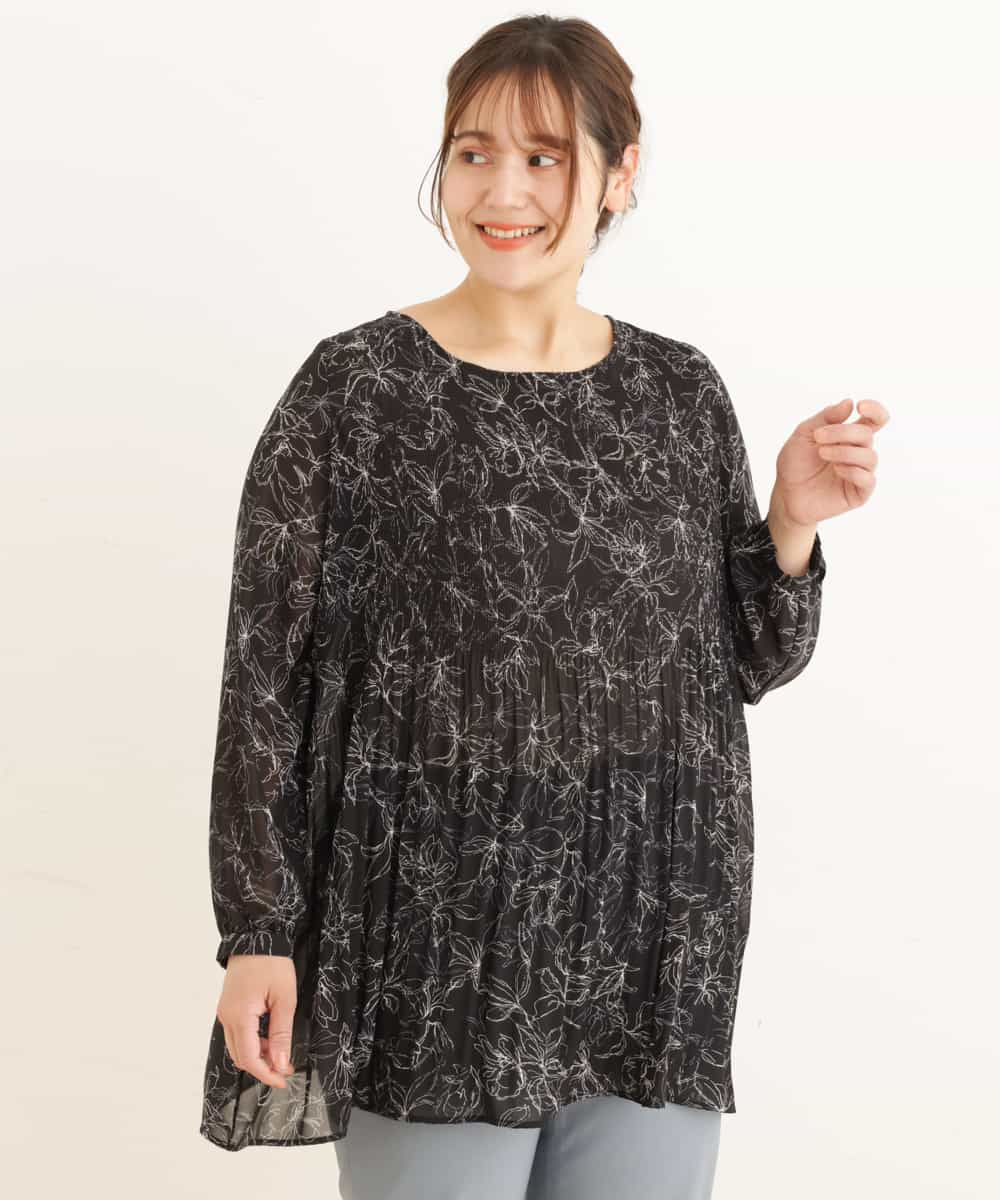OLEEP16080 eur3(エウルキューブ) 【大きいサイズ】線画フラワープリントチュニック ブラック(94)
