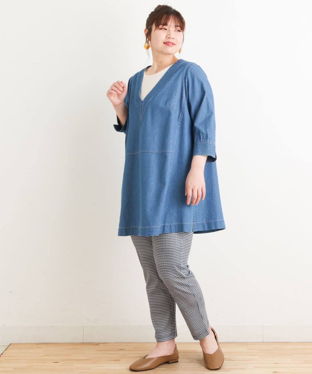 OLEES05090 eur3(エウルキューブ) 【大きいサイズ】Vネックデニムチュニック ライトブルー(50)