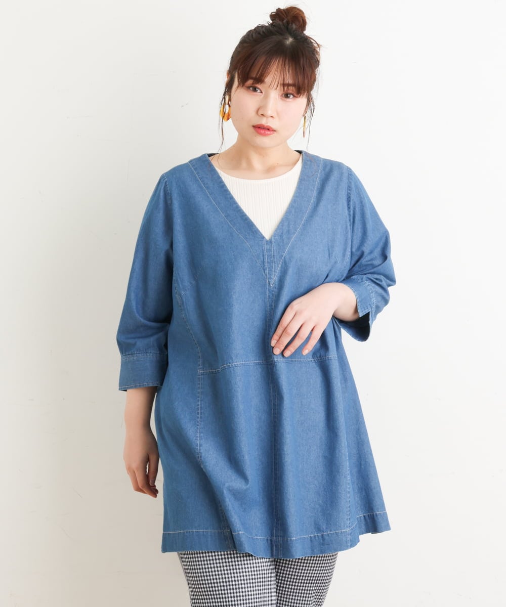 OLEES05090 eur3(エウルキューブ) 【大きいサイズ】Vネックデニムチュニック ライトブルー(50)