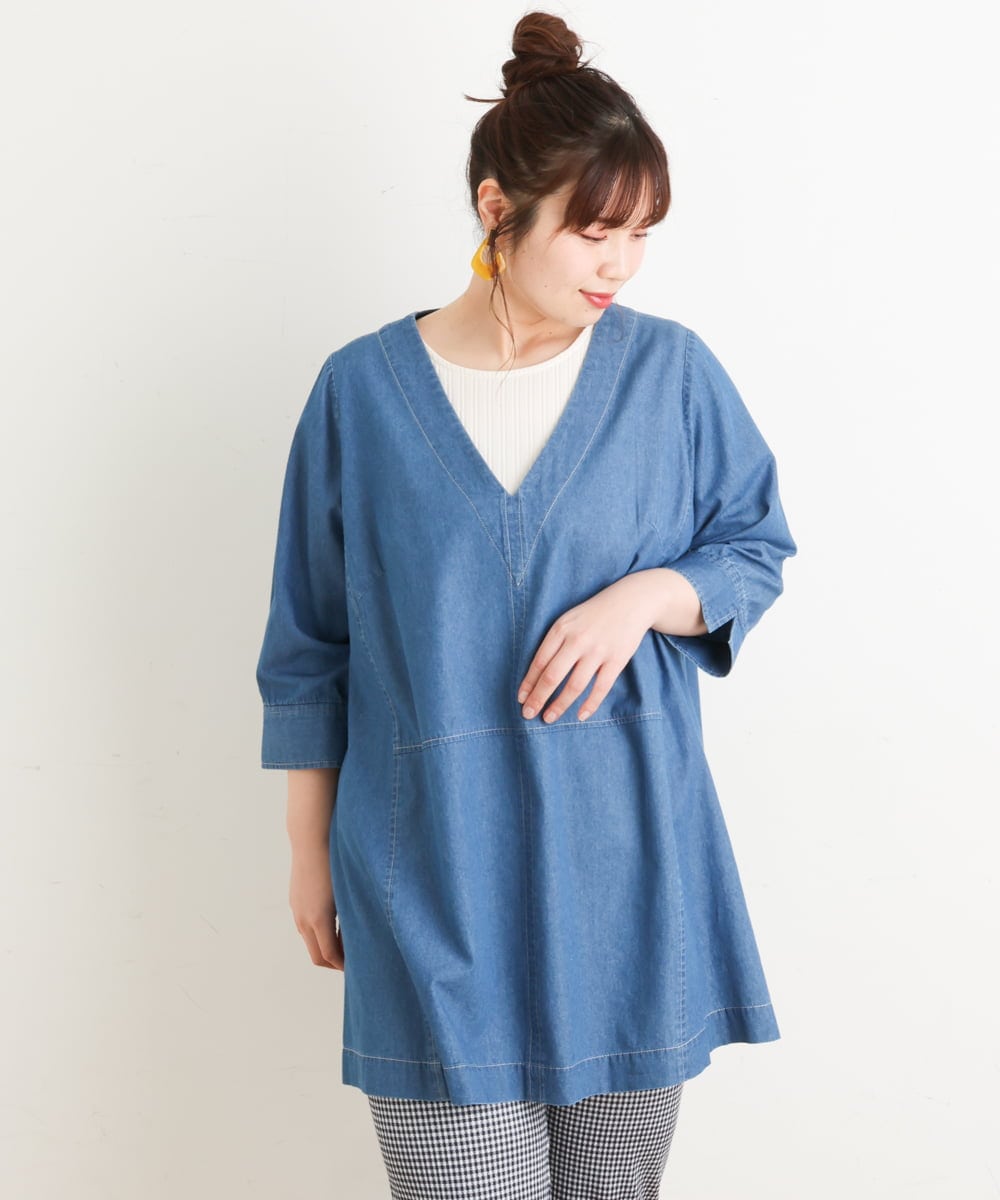 OLEES05090 eur3(エウルキューブ) 【大きいサイズ】Vネックデニムチュニック ライトブルー(50)