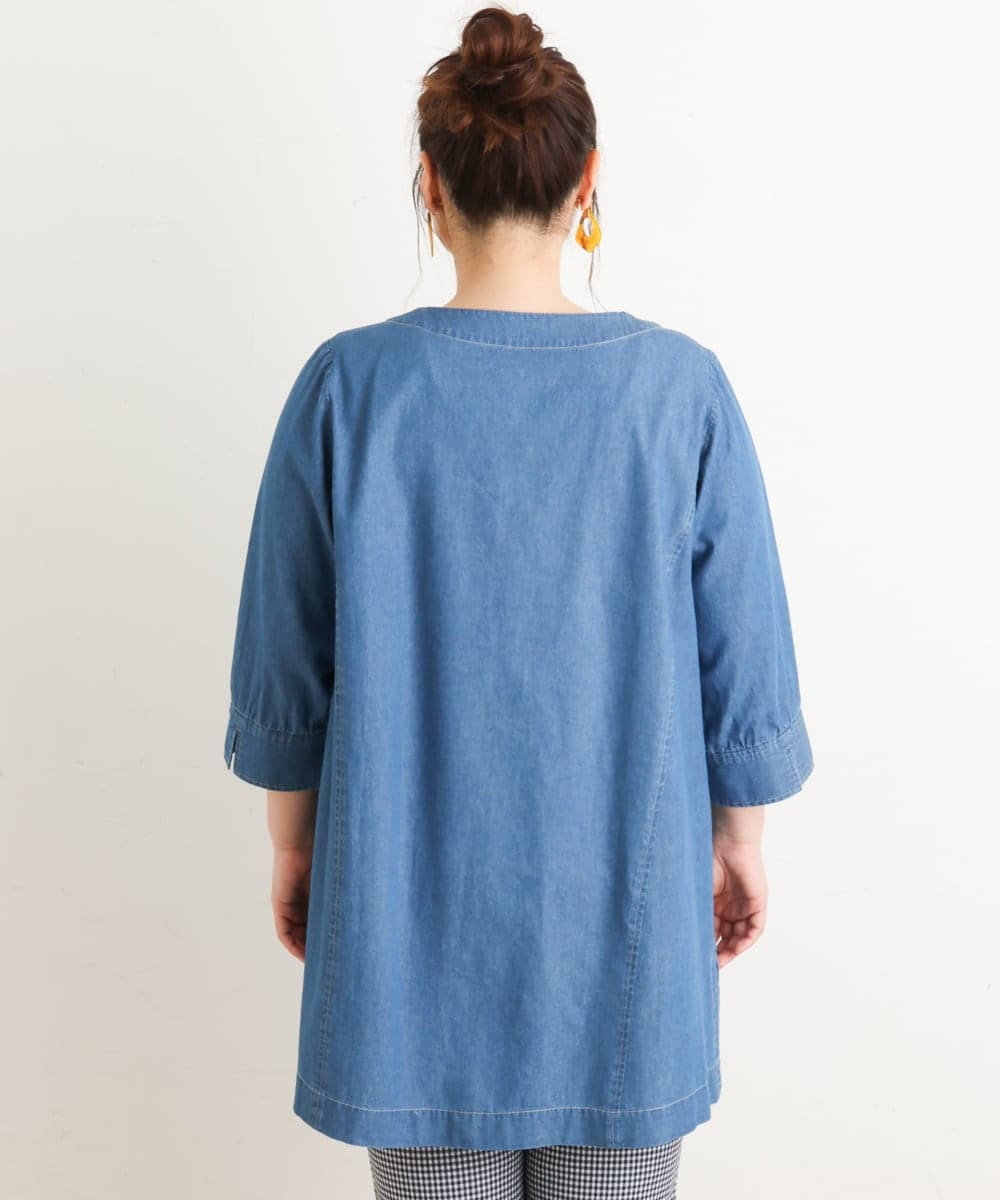 OLEES05090 eur3(エウルキューブ) 【大きいサイズ】Vネックデニムチュニック ライトブルー(50)
