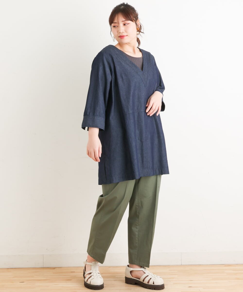 OLEES05090 eur3(エウルキューブ) 【大きいサイズ】Vネックデニムチュニック ネイビー(57)