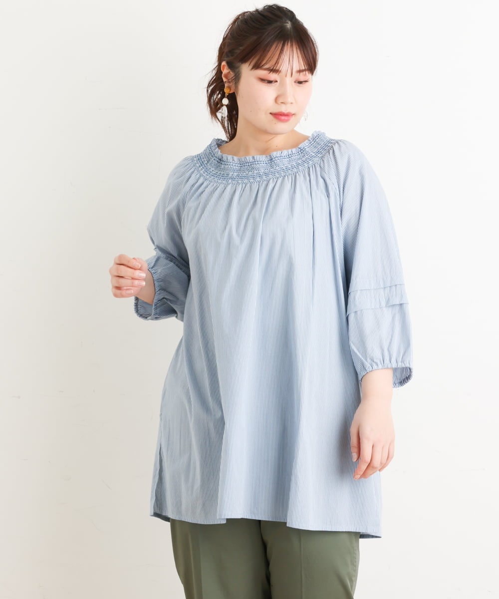 OLEES16090 eur3(エウルキューブ) 【大きいサイズ】スモッキング刺繍チュニック ブルー(55)