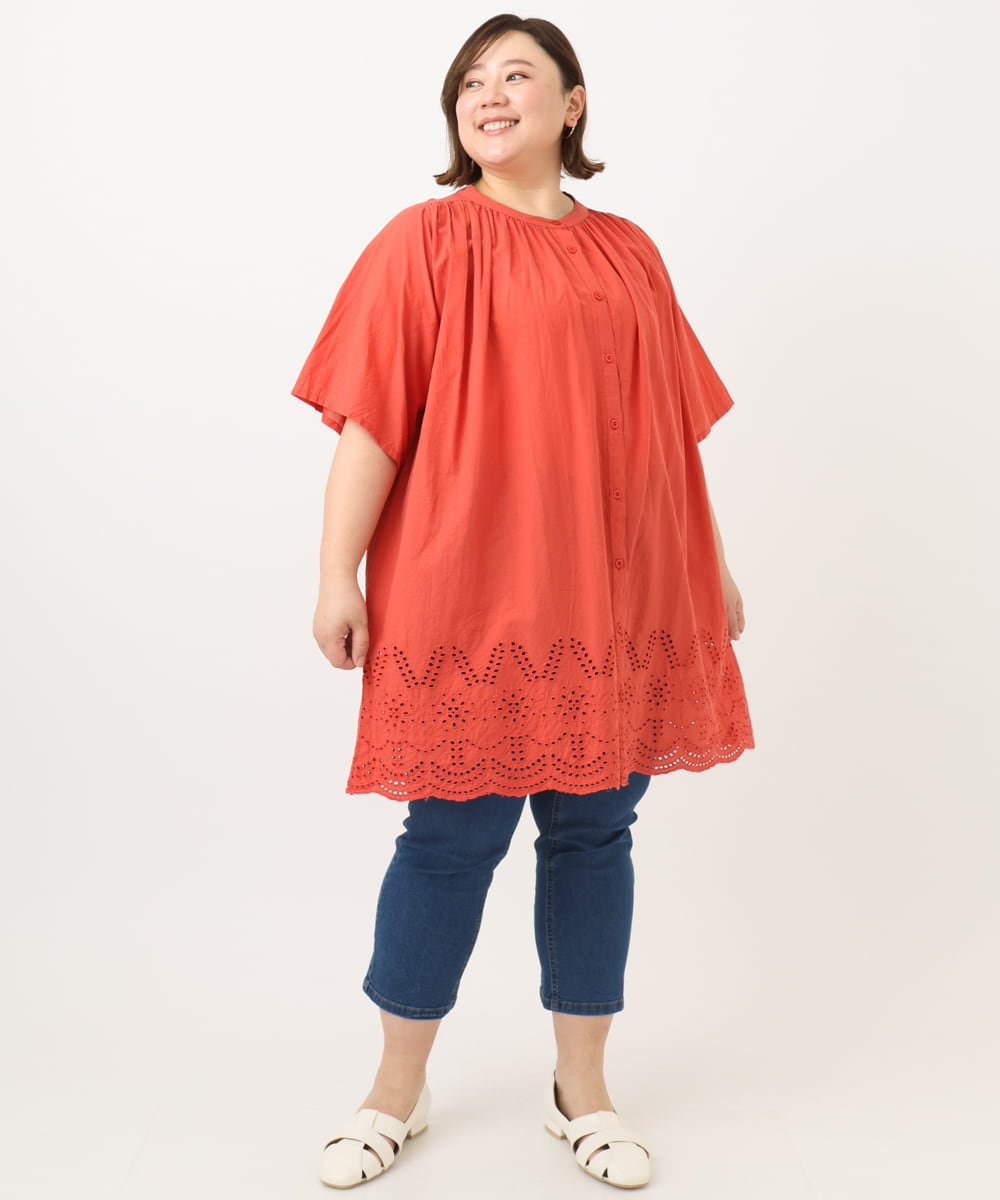 OLEFA04099 eur3(エウルキューブ) 【大きいサイズ】アイレットレースチュニック レッド(05)