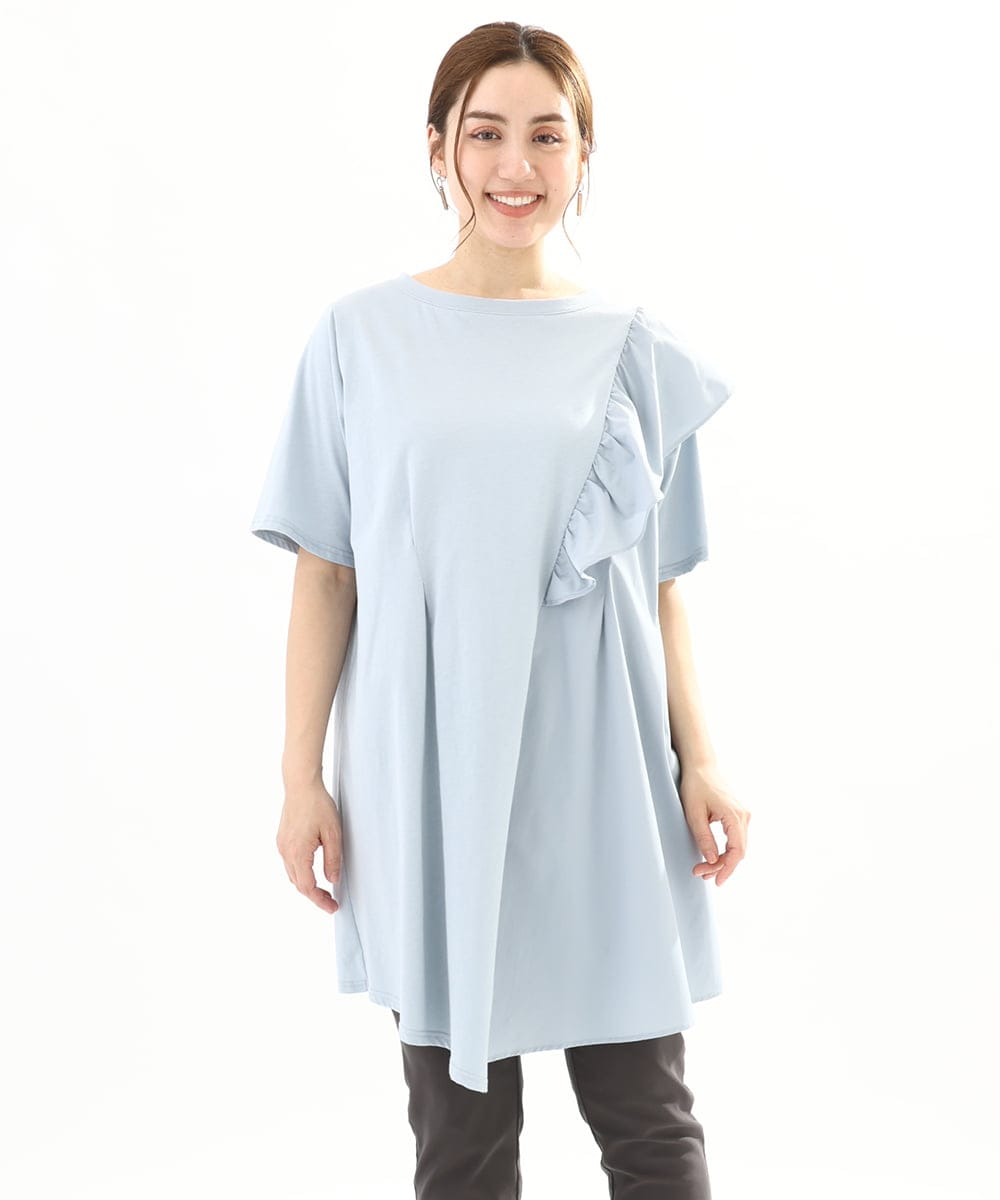 OLEFA36089 eur3(エウルキューブ) 【大きいサイズ】アシメラッフルチュニック ライトブルー(50)