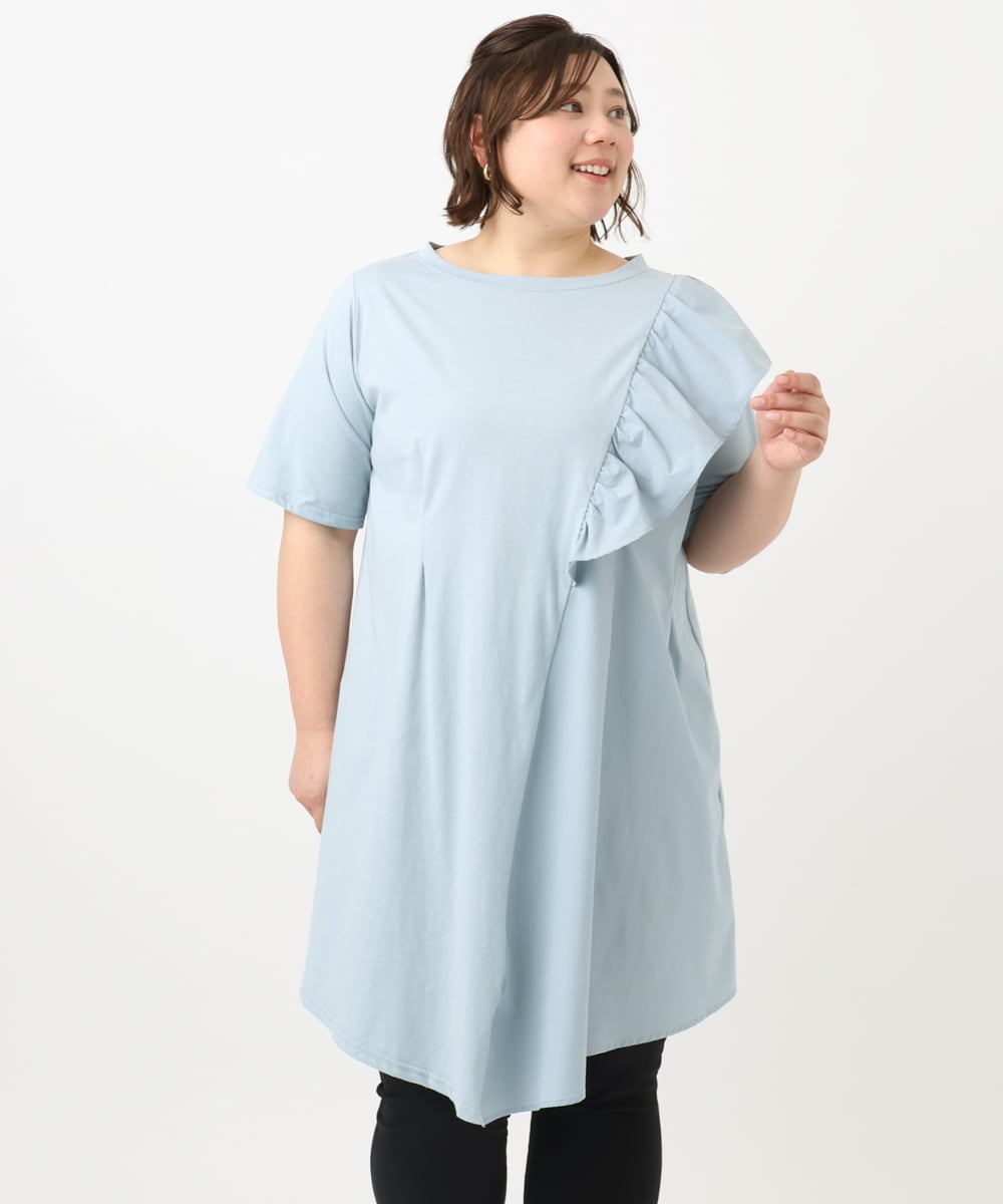 OLEFA36089 eur3(エウルキューブ) 【大きいサイズ】アシメラッフルチュニック ライトブルー(50)