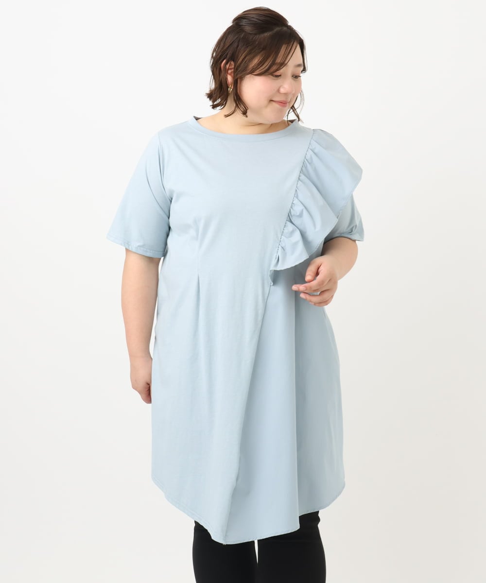 OLEFA36089 eur3(エウルキューブ) 【大きいサイズ】アシメラッフルチュニック ライトブルー(50)