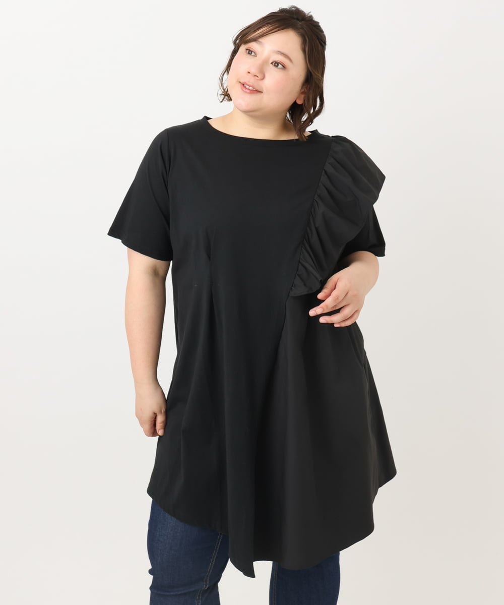 OLEFA36089 eur3(エウルキューブ) 【大きいサイズ】アシメラッフルチュニック ブラック(94)