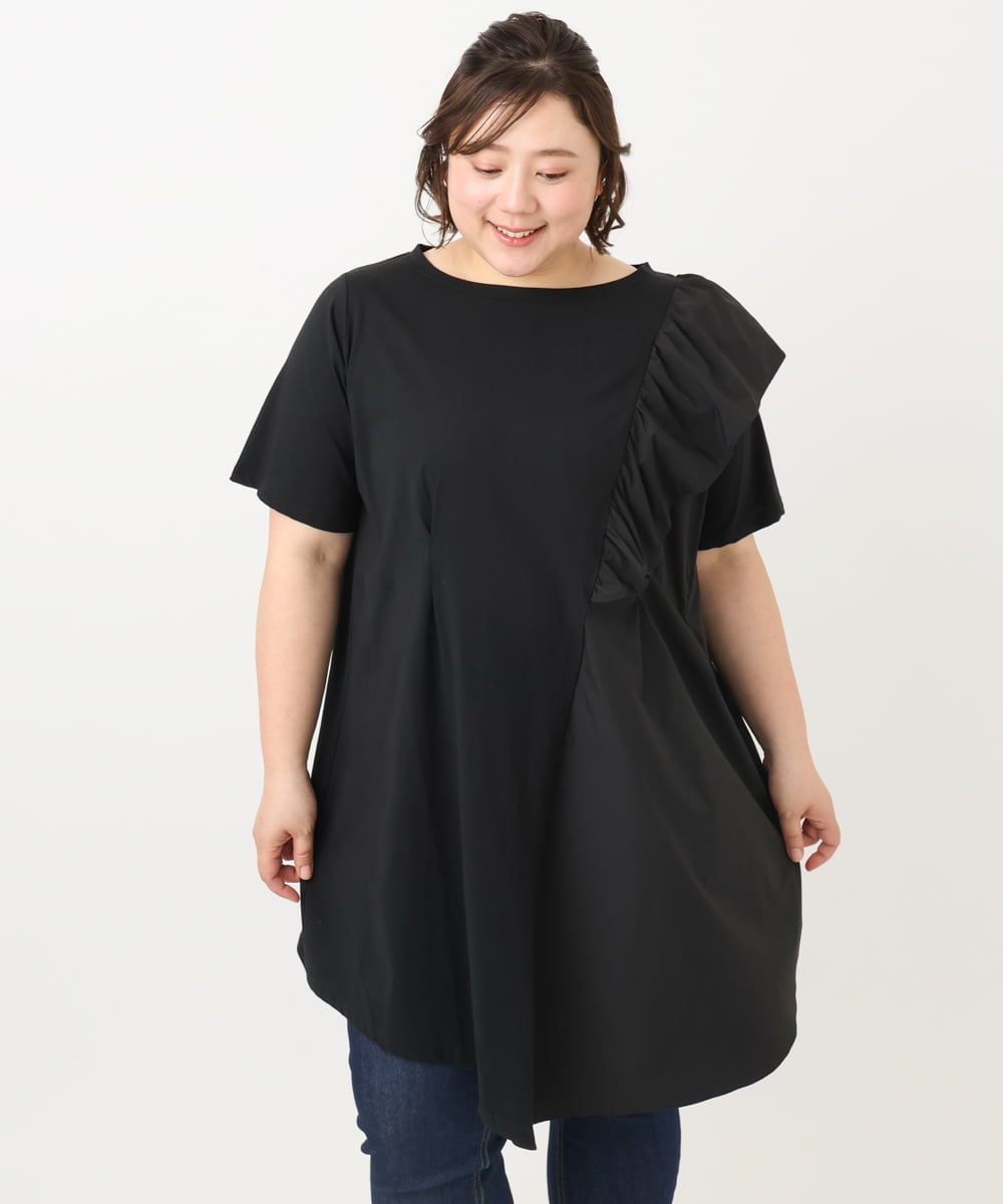 OLEFA36089 eur3(エウルキューブ) 【大きいサイズ】アシメラッフルチュニック ブラック(94)