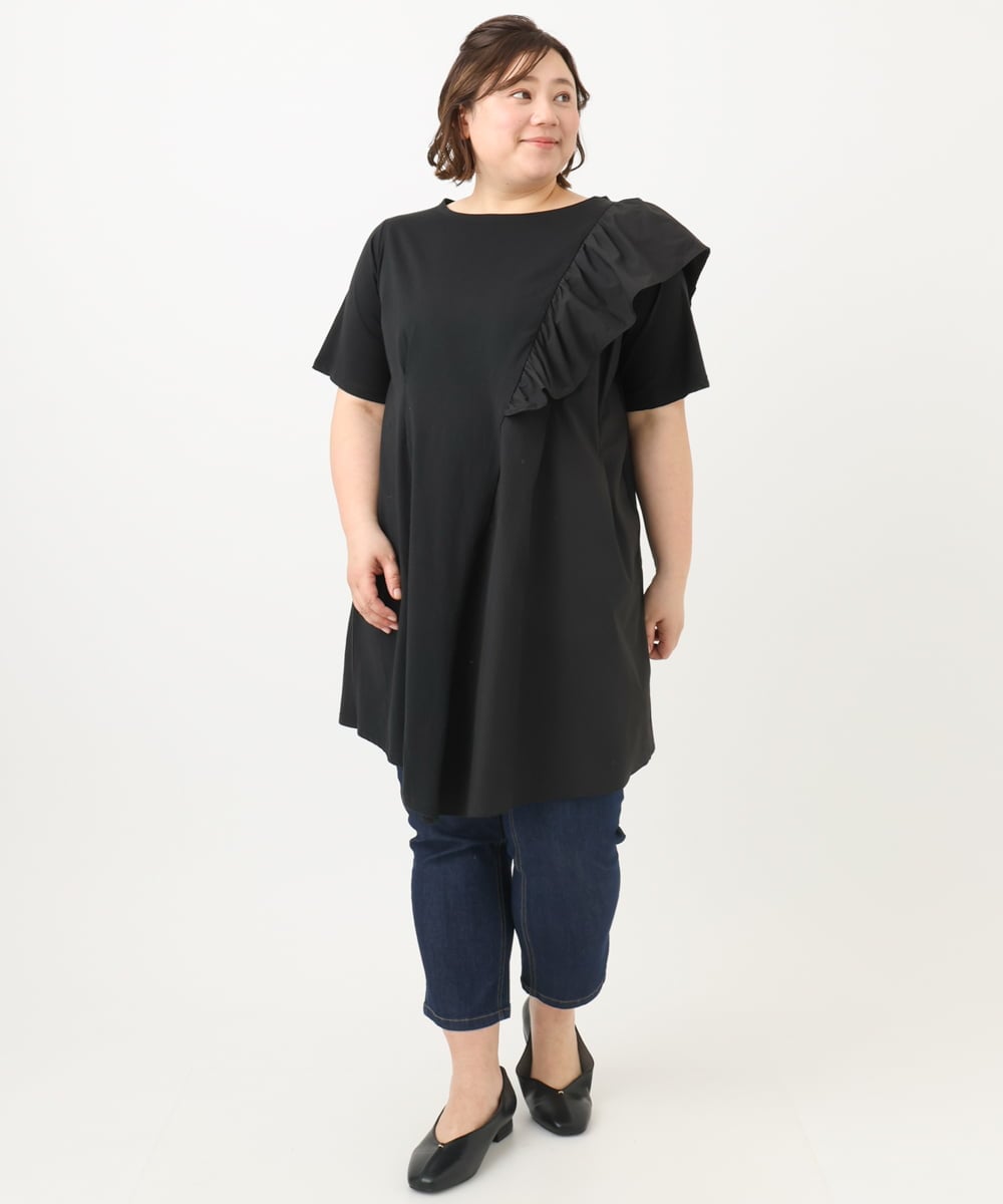 OLEFA36089 eur3(エウルキューブ) 【大きいサイズ】アシメラッフルチュニック ブラック(94)