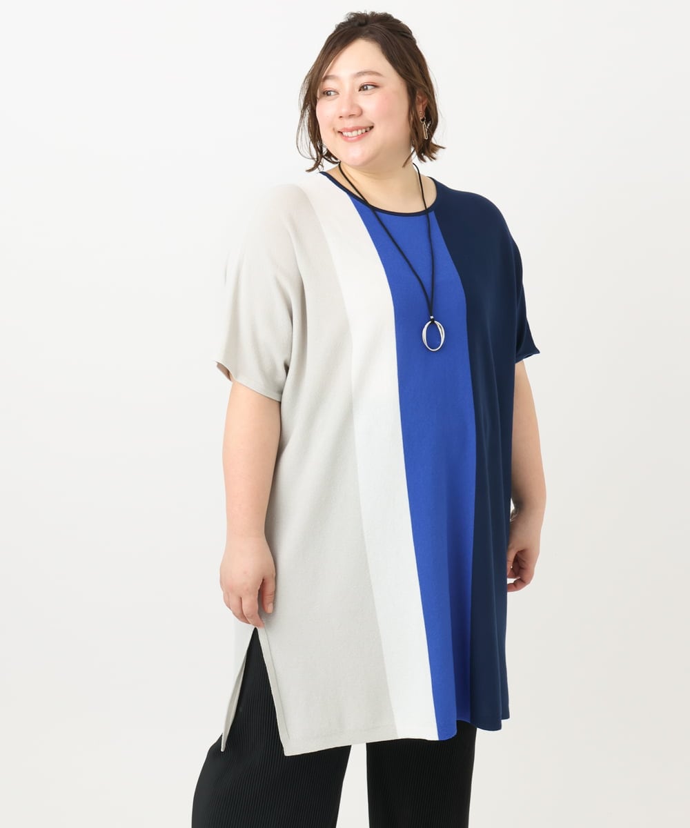 OLEFA37119 eur3(エウルキューブ) 【大きいサイズ】ストライプチュニック ブルー(55)