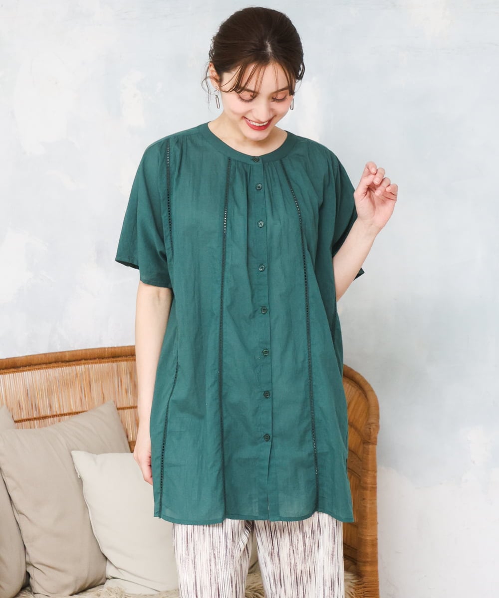 OLEFD02099 eur3(エウルキューブ) 【WEB先行販売】【大きいサイズ】ハシゴレースチュニック グリーン