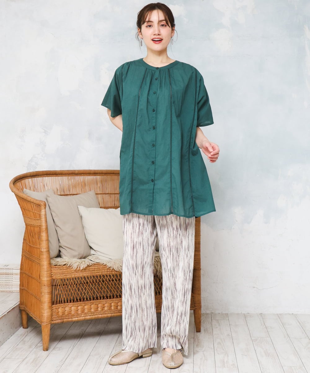 OLEFD02099 eur3(エウルキューブ) 【WEB先行販売】【大きいサイズ】ハシゴレースチュニック グリーン