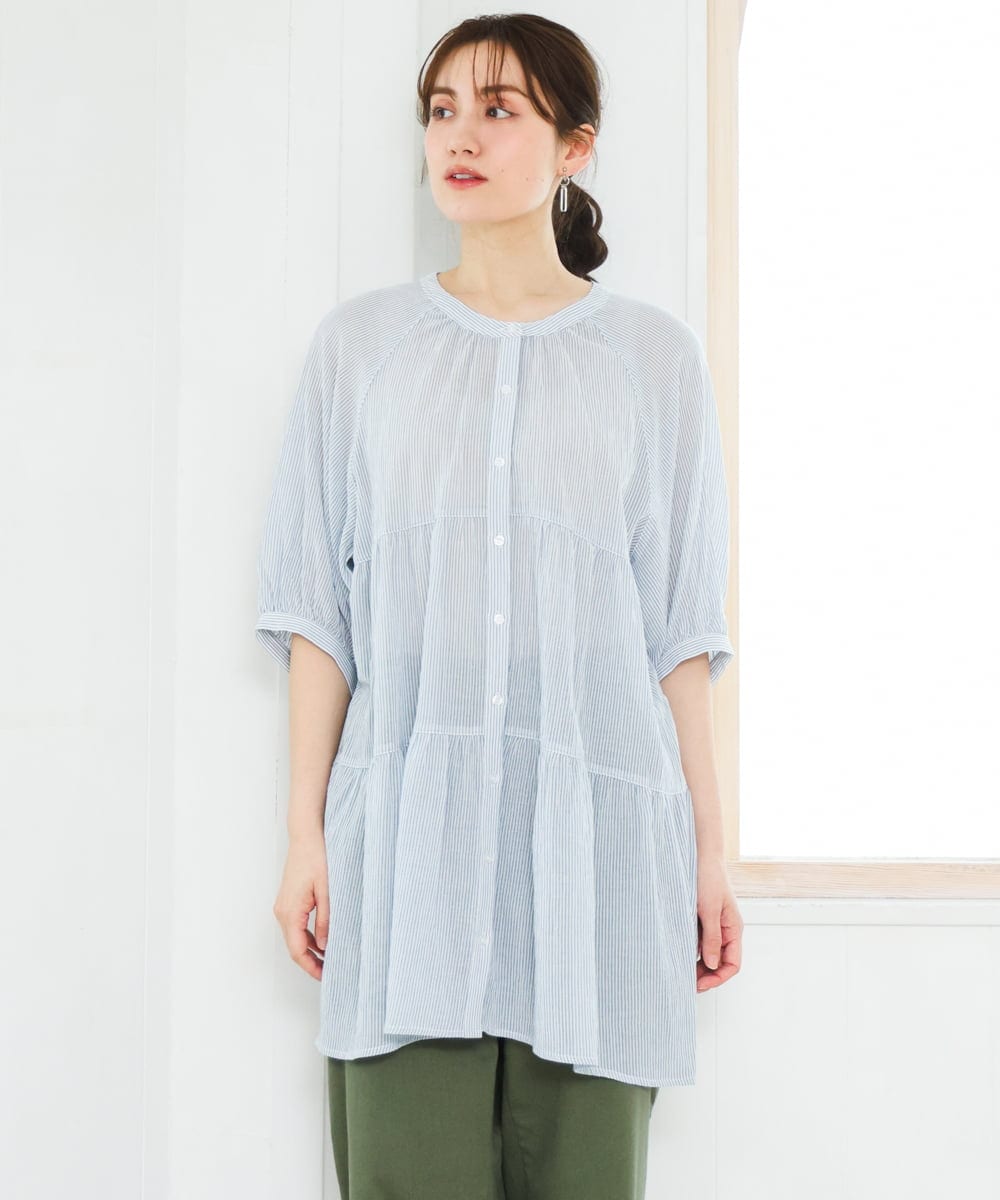 OLEFD03089 eur3(エウルキューブ) 【WEB先行販売】【大きいサイズ】コットンティアードブラウスチュニック ブルー(ストライプ)
