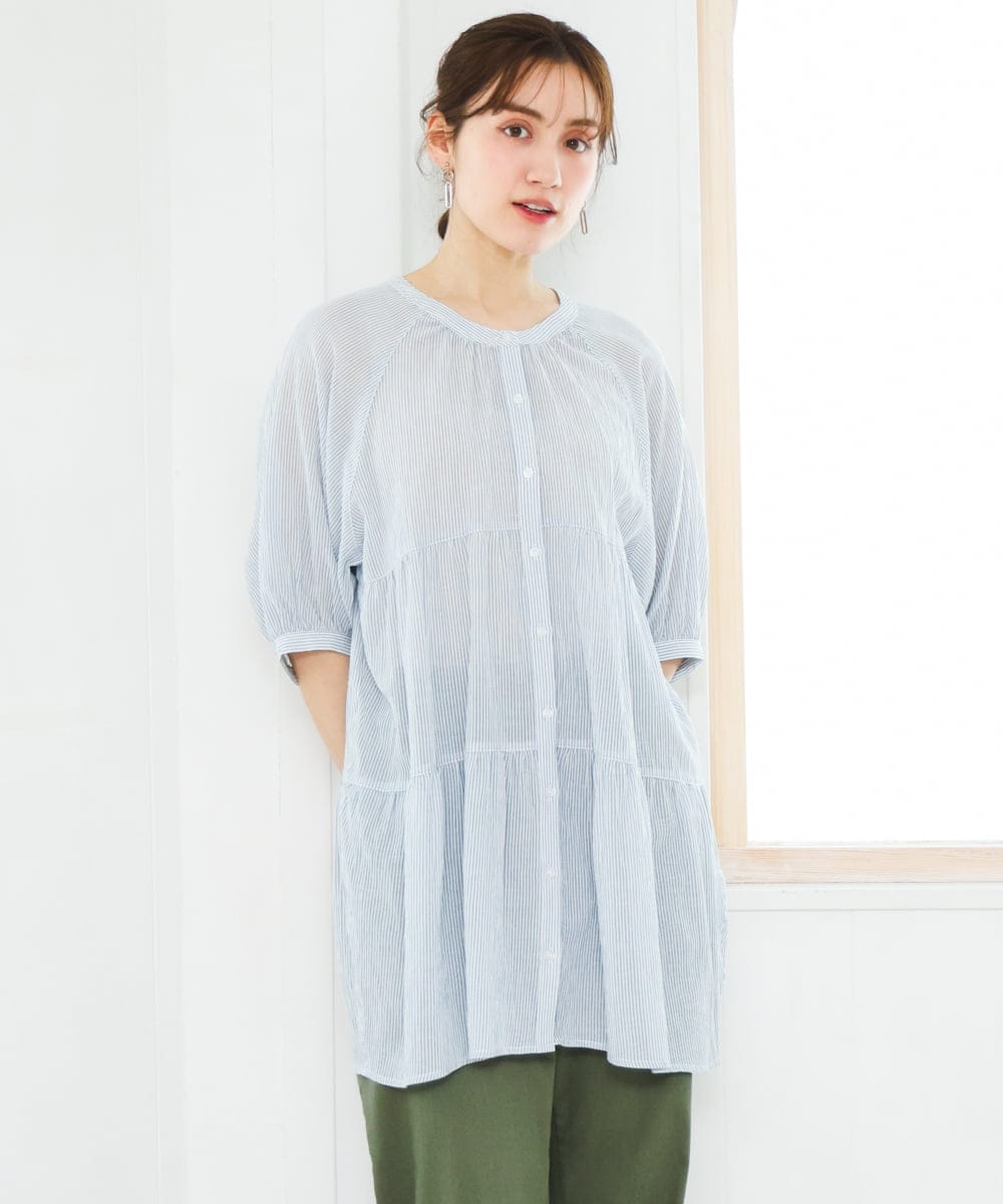 OLEFD03089 eur3(エウルキューブ) 【WEB先行販売】【大きいサイズ】コットンティアードブラウスチュニック ブルー(ストライプ)