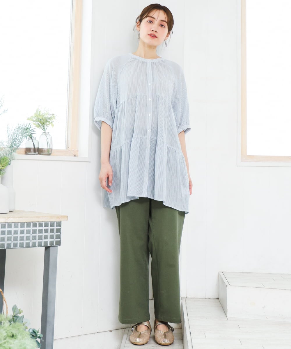 OLEFD03089 eur3(エウルキューブ) 【WEB先行販売】【大きいサイズ】コットンティアードブラウスチュニック ブルー(ストライプ)