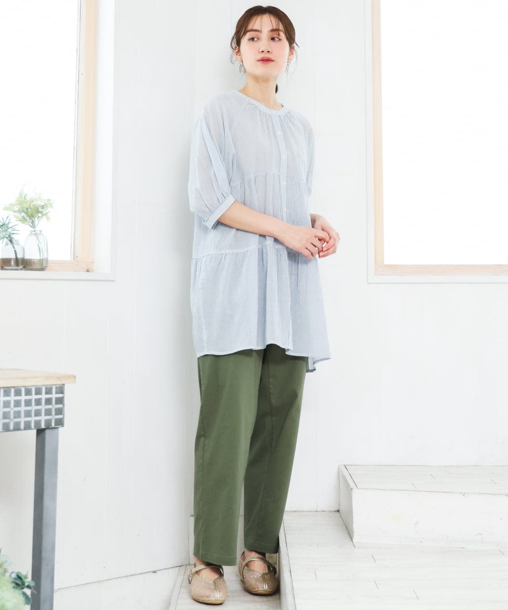 OLEFD03089 eur3(エウルキューブ) 【WEB先行販売】【大きいサイズ】コットンティアードブラウスチュニック ブルー(ストライプ)