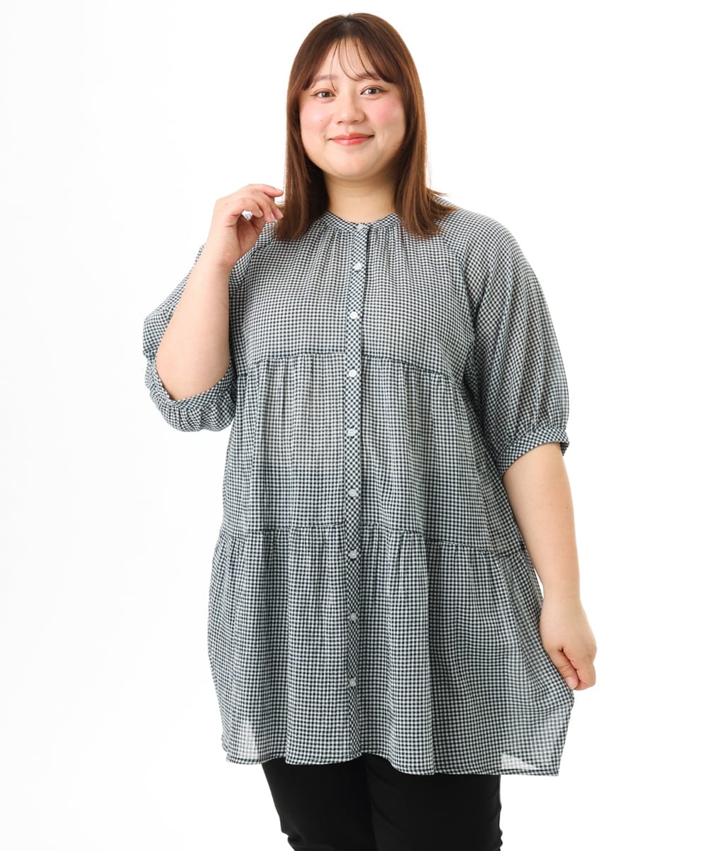 OLEFD03089 eur3(エウルキューブ) 【WEB先行販売】【大きいサイズ】コットンティアードブラウスチュニック ホワイト(ギンガム）